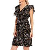 Dresses Women's Summer Short Sleeve Wrap V Neck Floral Beach Dress High Tunic Ruffle A-Line Sundress | Original Brand