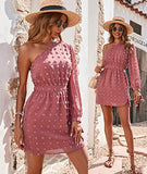 Women One Shoulder Long Sleeve Casual Dresses Cute Swiss Dot Soft High Side Split Flowy Short Mini Summer Dress | Original Brand