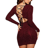 Women's Long Sleeve Glitter Dress Back Lace Up Bodycon Sequin Party Dress