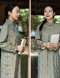 Women's Spring Autumn Chinese Traditional Long Cheongsam Dress Printed Long Sleeve Qipao