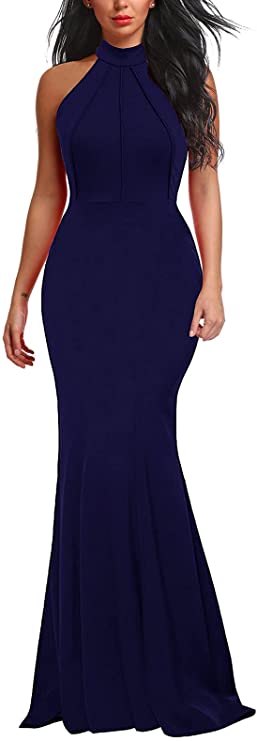 Navy Women's Elegant Chic Halter Neck Sleeveless Solid Stretchy Wedding Guest Mermaid Long Evening Dress - Berydress | Women's Formal Dresses