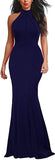 Navy Women's Elegant Chic Halter Neck Sleeveless Solid Stretchy Wedding Guest Mermaid Long Evening Dress - Berydress | Women's Formal Dresses