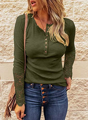 BTFBM Women Long Sleeve V Neck Button Up Solid Tops Blouses Trendy Slim Fit Lace Sleeves Ribbed Knit Casual Shirts Tunic(Lace Amry Green, Medium) | Women's Casual Dresses