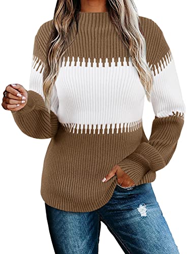 Womens Casual Long Sleeve Colorblock Striped Turtleneck Chunky Knit Pullover Sweater Jumper Tops