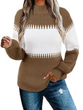 Womens Casual Long Sleeve Colorblock Striped Turtleneck Chunky Knit Pullover Sweater Jumper Tops | Women's Sweaters