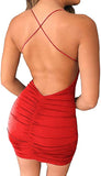 Backless Red Ruched Dress Women's Club & Night Out Sexy Dresses Spaghetti Straps Backless Bodycon Mini Dress - Just Quella | Women's Formal Dresses
