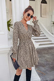 Women's Leopard Mini Dress Long Sleeve V Neck Elastic High Waist Chiffon Swing A-Line Dresses