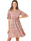 Women's Ruffle Hem Elastic Tie V Neck Bell Sleeve Floral Dress | Original Brand