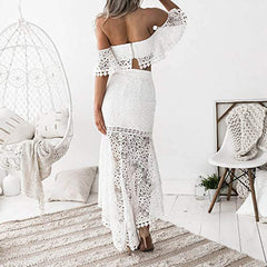 Off Shoulder Lace Dress,  Women Two Piece White Lace Outfit Crop Tube Top Lace Crochet Low High Pencil Skirt Dress