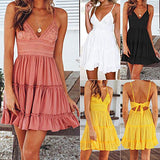 Women's Dress Solid Color Suspenders Deep V-Neck Waist Design with Lace Loose Hollow Back Summer Beachwear Long Skirt