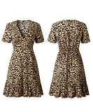Womens Deep V Neck Floral Leopard Dress Short Sleeve Sexy Ruffles Fashion Mini Dress | Women's Casual Dresses