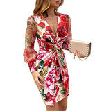 Women Sexy Dress Deep V-Neck Long Sleeve Shirt Dress Elegant Bodycon Mini Dress Leopard/Floral Party Skirt High Waist Slim Fit Bodycon Short Knotted Sundress Streetwear