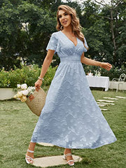 Women's Lace Floral Wedding Guest Formal Maxi Dress Summer Boho V Neck Short Sleeve Long Flowy Party Evening Dress