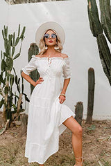 Womens Embroidered Off The Shoulder White Ruffle Maxi Dresses Boho Long Dress