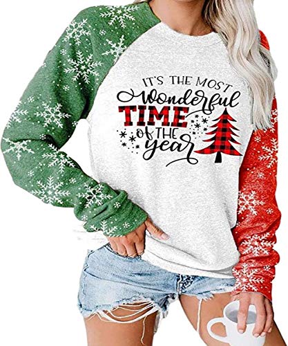 Merry Christmas Sweartshirt for Women Xmas Buffalo Plaid Tree Color Block Christmas Snowflake Print Long Sleeve Top T-Shirt