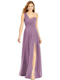 Dusty Purple One Shoulder Chiffon Bridesmaid Dresses with Slit Maxi Long Formal Dresses for Women Party - XYAYE | Women's Formal Dresses