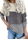 Women's Crew Neck Long Sleeve Color Block Knit Sweater Casual Pullover Jumper Tops