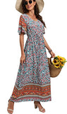 Gyro Flower Light Blue Summer Maxi Boho Beach Dress Floral Print Dress V Neck Short Sleeve Drawstring High Waist Flowy Long Midi Dresses - GRECERELLE | Women's Casual Dresses