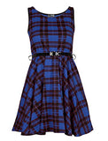 Womens Red Green Royal Blue Tartan Print Belted Sleeveless Skater Dress Plus Size 8-26