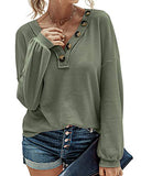 Women Waffle Knit Shirts V-Neck Long Sleeve Casual Slouchy Loose Blouses Plain Faux Button Lightweight Pullover | Women's Tops and Blouses