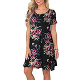 Women Summer Boho Floral Print O-Neck Short Sleeve T Shirt Dress with Pockets | Women's Work Dresses