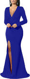 Blue Women's Sexy Long Sleeve V Neck Wrap Side Split Bodycon Cocktail Party Maxi Dress - GOBLES | Women's Cocktail Dresses