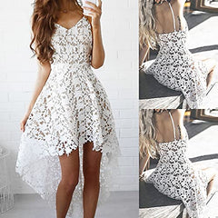 Summer Dresses For Women 2021, White Lace Cut-out V Neck Sleeveless Dress Sexy Backless A-line Irregular Dress