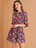 Women's Ruffled Tie Neck 3/4 Puff Sleeve Flowy Mini Floral Dress | Original Brand