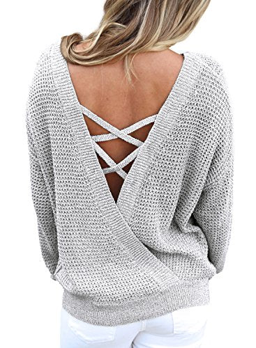 Cross V Back Sweaters for Women Long Sleeve Crewneck Knitted Pullover Casual Loose Jumper Tops