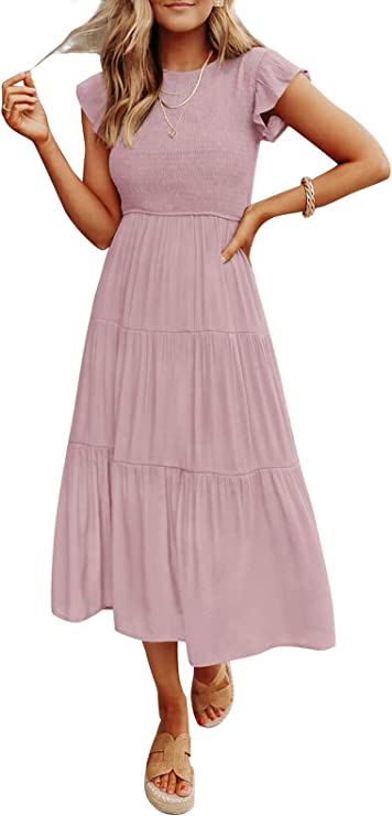 Dark Pink Women's Summer Casual Flutter Short Sleeve Crew Neck Smocked Elastic Waist Tiered Midi Dress - ZESICA | Women's Casual Dresses