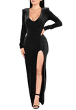 Black V Neck Velvet Dress For Women Long Sleeve Ruched Bodycon Side Slit Party Cocktail Dress 90s Retro Maxi Dress - Kafiloe | Women's Cocktail Dresses