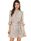 Women's Floral Smocked High Neck 4-Mar Bell Sleeve Belted Flare Ruffle Dress