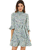 Women's Floral 3/4 Bell Sleeve Smocked Belted Flare Ruffle Dress | Original Brand