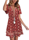 Women's Summer Casual Chiffon Button Short Sleeve Tie Waist Polka Dot Solid Color Beach Mini Shirt Dress