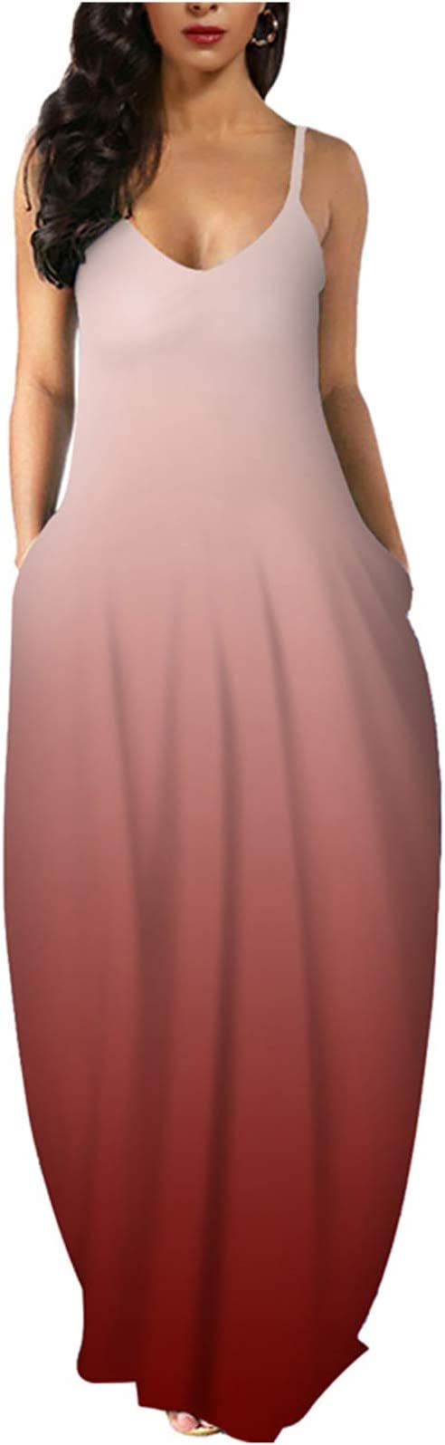 Gradient Red Womens Casual Sleeveless Plus Size Loose Plain Long Maxi Dress with Pockets - Wolddress | Women's Casual Dresses