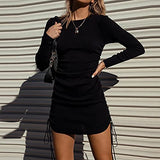 Women Dresses Sale Clearance Party Elegant Laides Sexy Casual Shrring Solid Dress O-Neck Long Sleeve Mini Dress UK Size Work Casual Dress