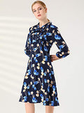 Women's Floral Tie Neck 3/4 Sleeve Work Midi Flowy Flare Dress | Original Brand