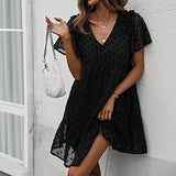 Womens Dresses Summer Chiffon Jacquard Short Sleeve V-Neck Ruffle Hem Loose Shift Dress - Mini Babydoll Dress | Original Brand