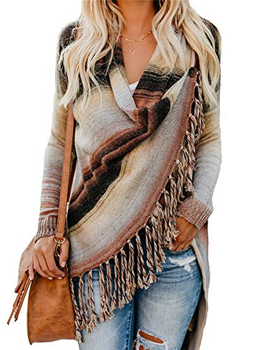 Women's Cardigans Open Front Color Stripe Slash Tassel Hem Poncho Knit Sweater | Women's Sweaters