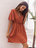 Women's Short Sleeve V Neck All Over Print High Waist A Line Summer Short Dress