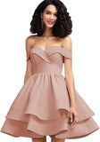 Blush Off Shoulder Short Prom Dress Satin Homecoming Dresses for Teens A Line Cocktail Party Gowns Mini Dress - Homdor | Women's Cocktail Dresses