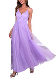 Lilac Purple Women's Solid Mesh Spaghetti Strap Sequin Cross Back Elegant Evening Party Dress - Fuedage | Women's Formal Dresses