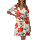 Summer Dresses for Women, Ladies's Fashion Sexy Slim V-Neck High Waist Short Sleeve Printed Dress with Belt Party UK Size | Women's Work Dresses