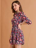 Women's Ruffled Tie Neck 3/4 Puff Sleeve Flowy Mini Floral Dress | Original Brand