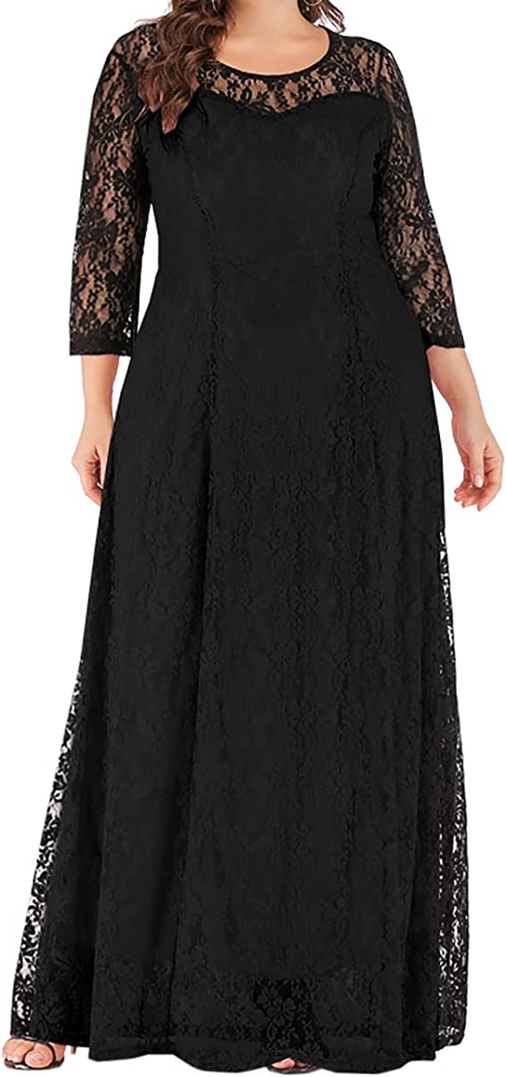Black Women Plus Size Floral Lace Sleeve Party Wedding Cocktail Swing Midi Dress with Pockets - Lrady | Women's Cocktail Dresses
