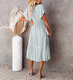 Womens V Neck Short Flutter Sleeve Solid Smocked Ruffle Midi Dress | Original Brand