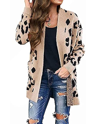 Women's Open Front Leopard Knit Cardigan Sweaters Long Sleeve Outwear