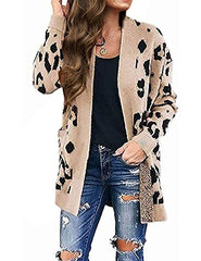 MEROKEETY Women's Open Front Leopard Knit Cardigan Sweaters Long Sleeve Outwear