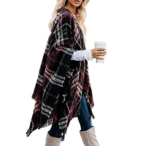 Women's Open Front Boho Cardigan Oversized Knitted Shawl Wrap Cape Sweater Plaid Tassel Poncho