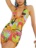 Womens Halter Neck Cutout Mini Dress Y2k Backless Bodycon Dress V Neck Summer Beach Sundress Vintage Party Dress Streetwear | Original Brand